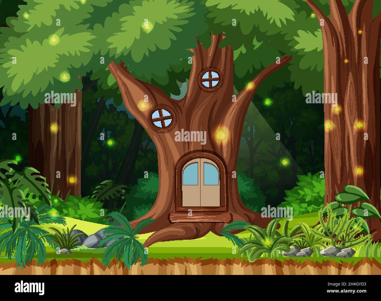 Enchanted forest background with tree house illustration Stock Vector ...