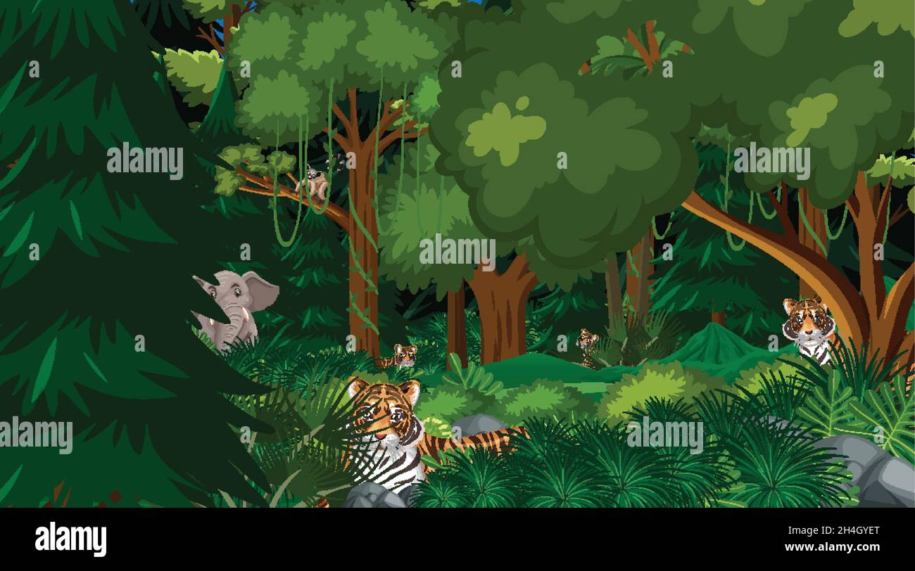 Wild animals in forest landscape background illustration Stock Vector ...