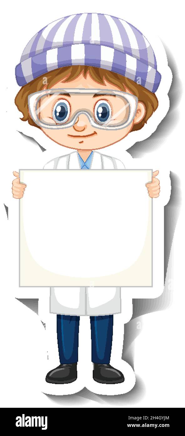 Scientist boy holding empty board cartoon character sticker ...