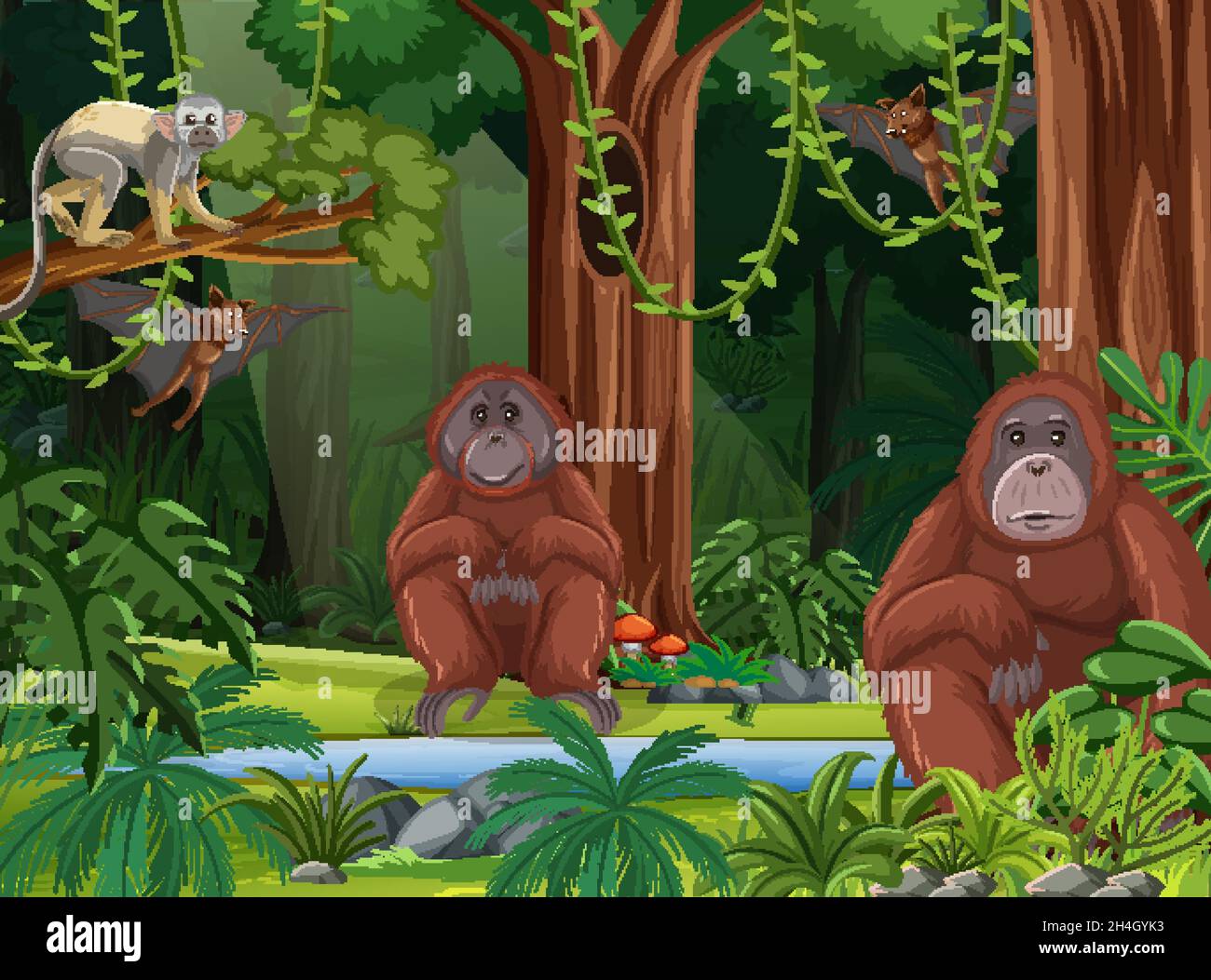 Wild animals in forest landscape background illustration Stock Vector ...