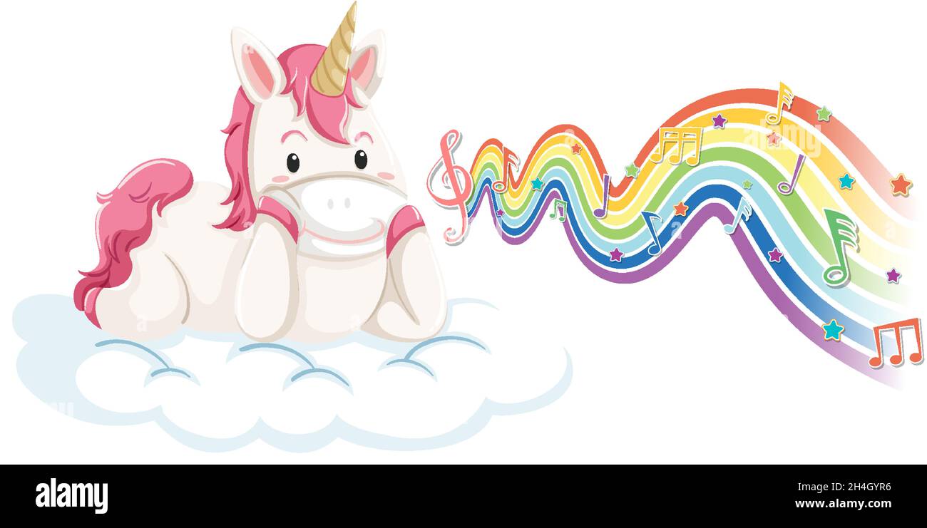 Unicorn standing on the cloud with melody symbols on rainbow wave ...