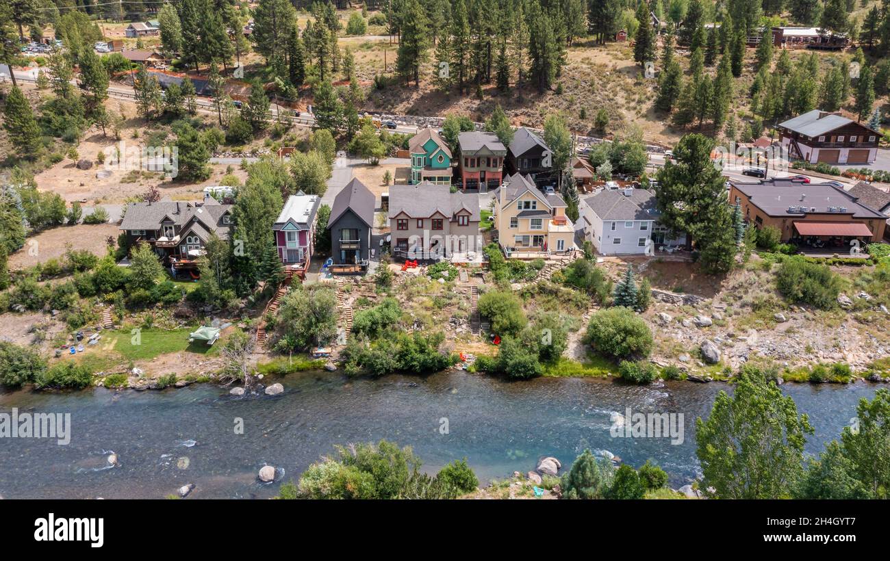 Afternoon neighborhood view of historic homes in Truckee, California, USA. Stock Photo