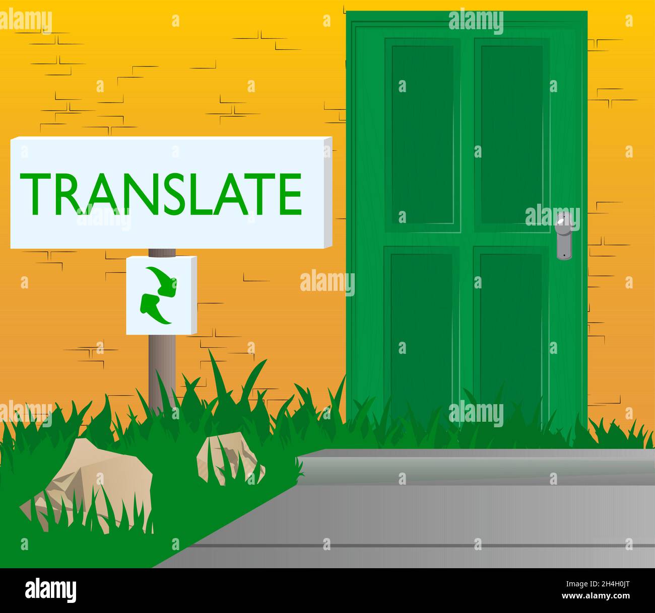 Translate text with front door background. Building entrance, office