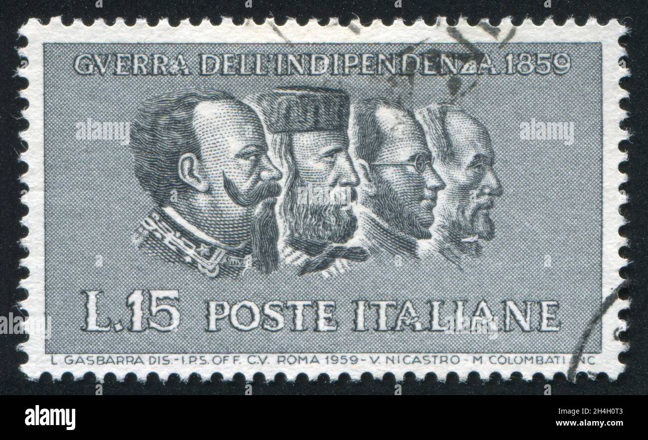 ITALY - CIRCA 1959: stamp printed by Italy, shows Victor Emmanuel II, Giuseppe Garibaldi, Camillo Benso conte di Cavour, Giuseppe Mazzini, circa 1959 Stock Photo