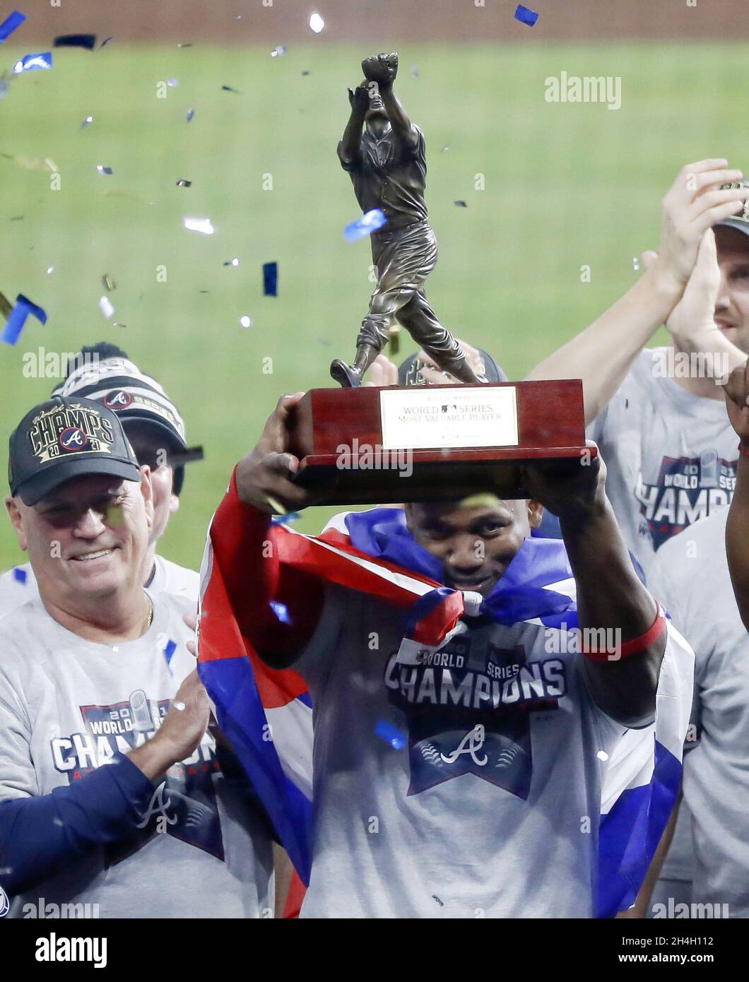 Atlanta Braves designated hitter Jorge Soler chops as he rounds third while  celebrating leading off game 1 with a solo homer against the Astros during  the first inning of the World Series