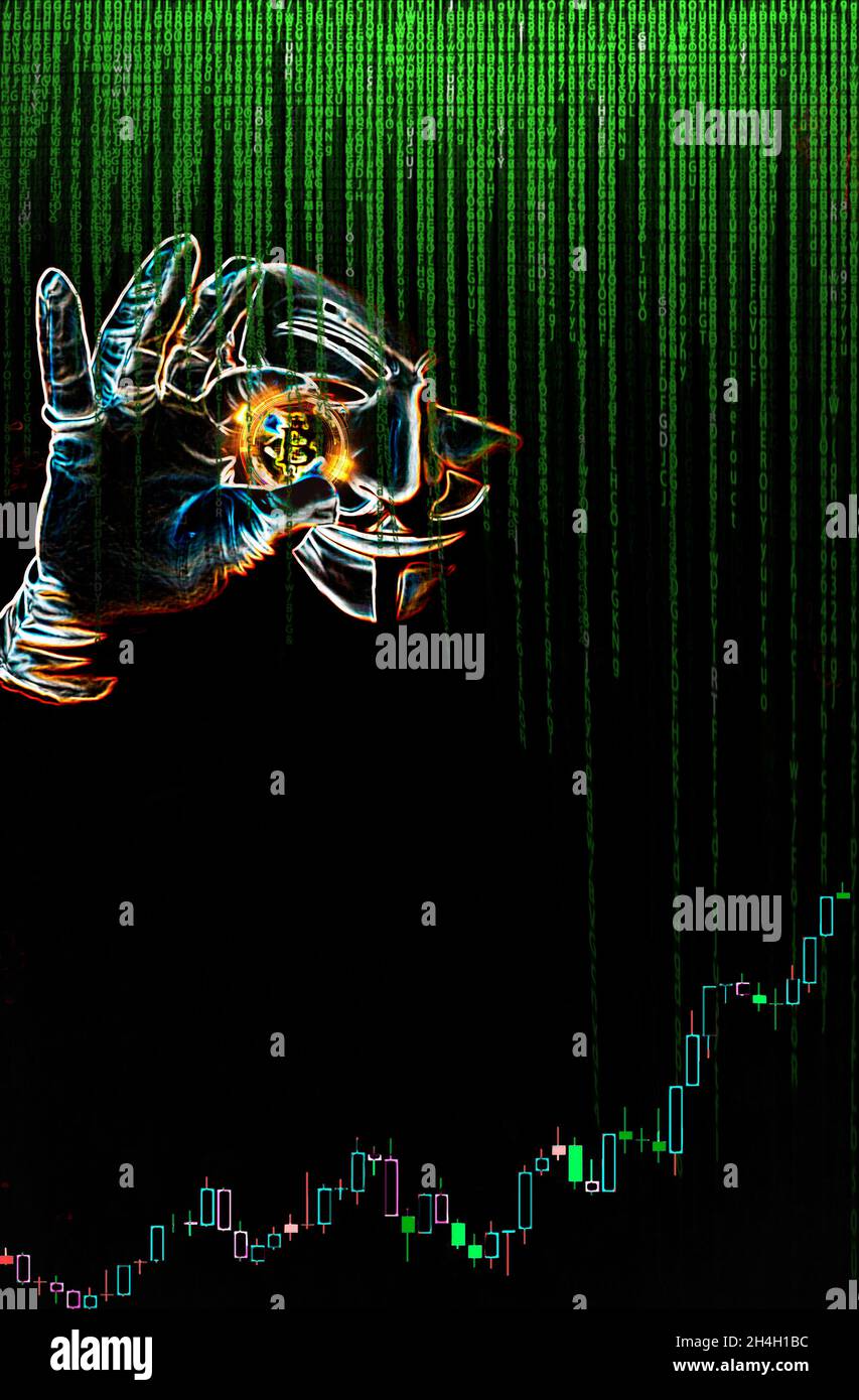 Crypto-Bodegón NFT de criptomonedas. Basado en el anonimato de Satoshi y la migración al cripto mercado. Stock Photo
