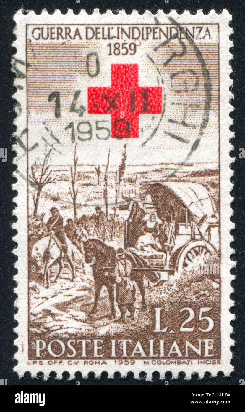 ITALY - CIRCA 1959: stamp printed by Italy, shows 'After the Battle of Magenta' by Fattori and Red Cross, circa 1959 Stock Photo