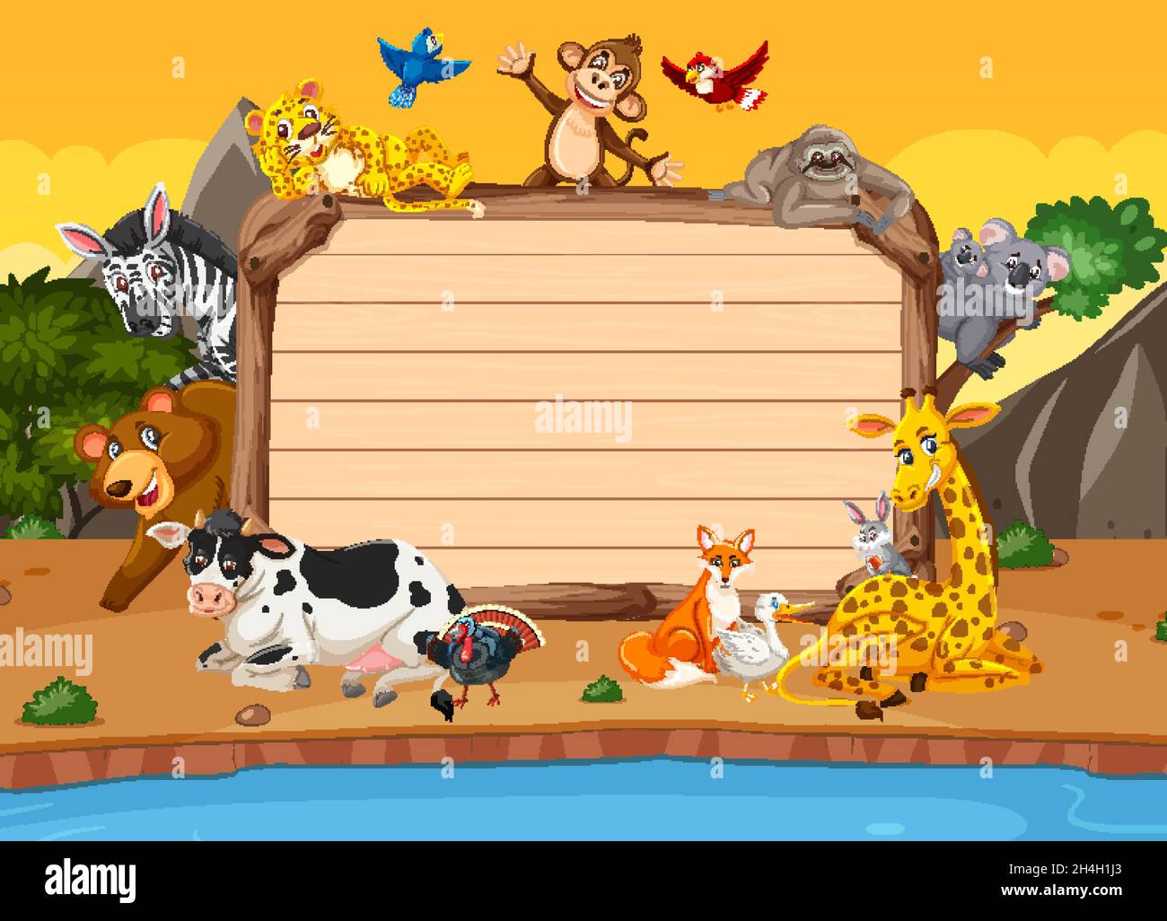 Empty wooden board with various wild animals in the forest illustration ...
