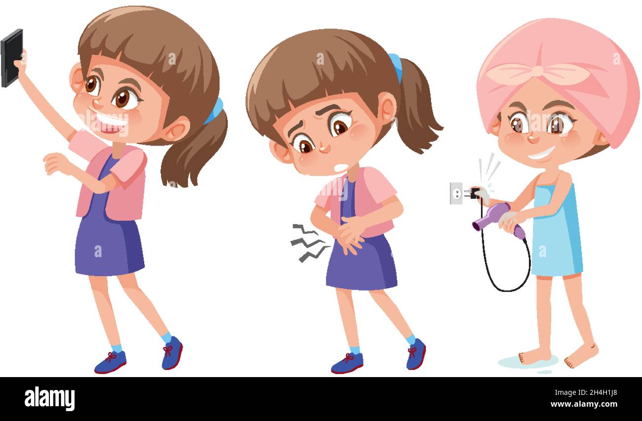 Set Of A Girl Cartoon Character Doing Different Activities Illustration Stock Vector Image And Art