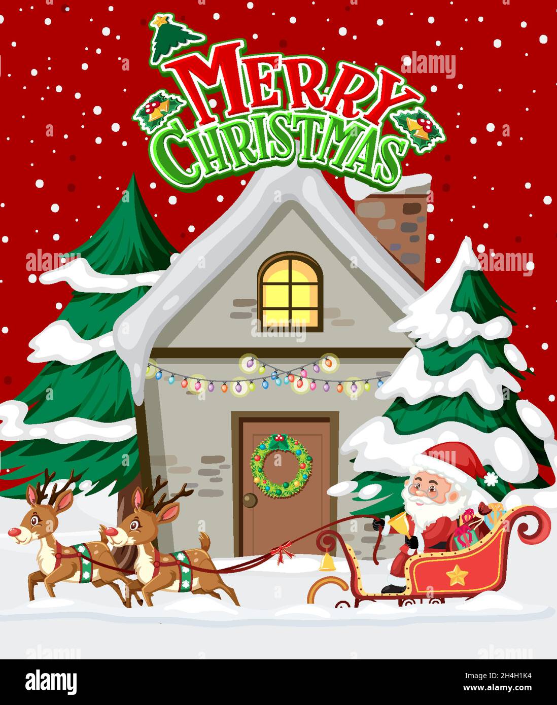 Merry Christmas poster with Santa Claus and reindeer illustration Stock ...