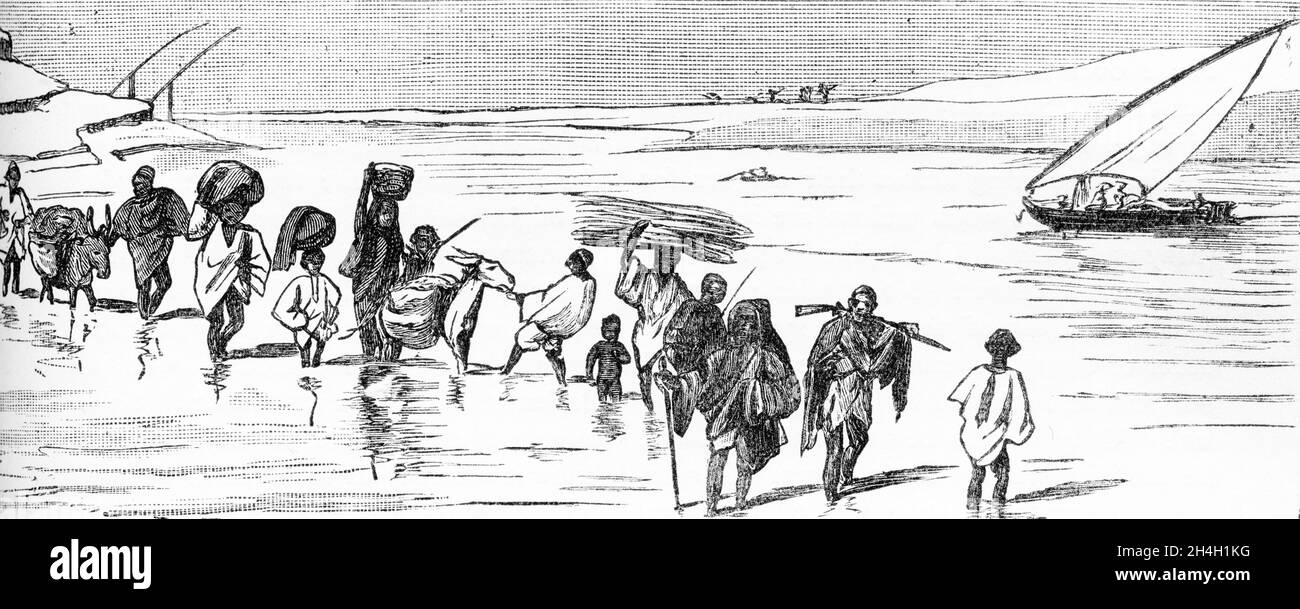 Engraving of people crossing a shallow section of the Blue Nile near Khartoum Stock Photo