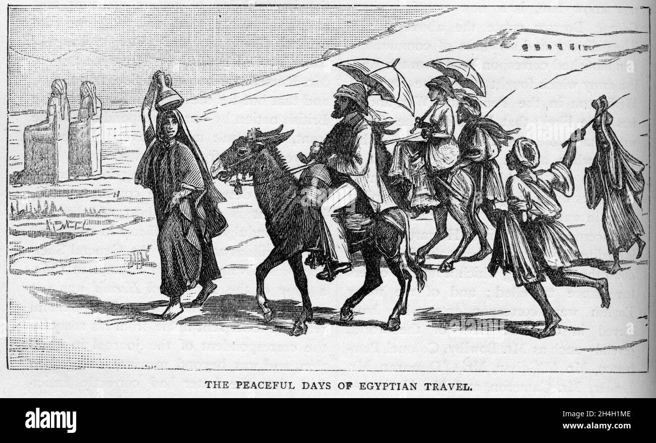 Engraving of a group of Europeans travelling on donkeys in Egypt, from a publication circa 1900 Stock Photo