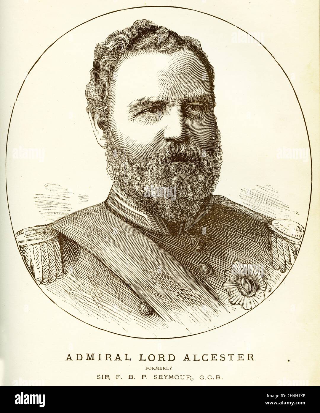 Engraving of Admiral Frederick Beauchamp Paget Seymour, 1st Baron Alcester, GCB (April 1821 – 1895)  British naval commander. He was Commander-in-Chief of the Channel Fleet between 1874 and 1877 and of the Mediterranean Fleet between 1880 and 1883., from a publication circa 1900 Stock Photo