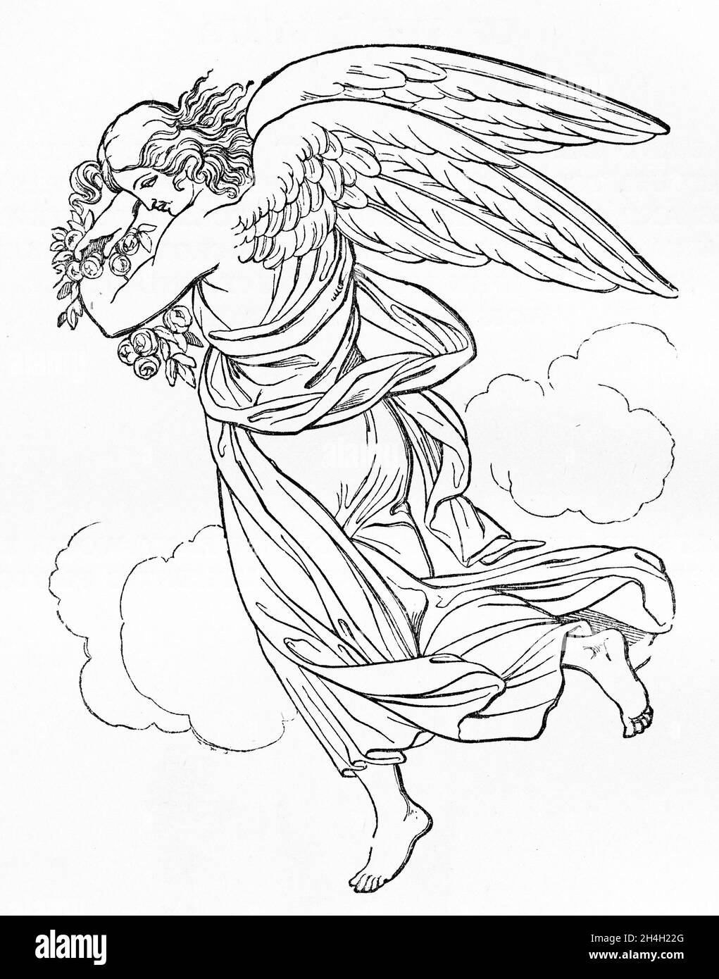 Engraving of an angel carrying a bouquet of flowers Stock Photo