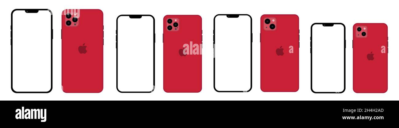Realistic mockup red iphone 13 set all colours and models, mockup smartphone with white screen Stock Vector