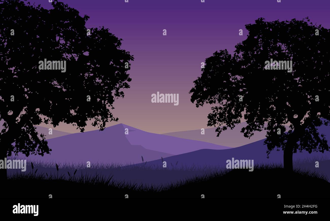 Pdusk Vector Fantastic mountain views with silhouettes of big trees from the out of ...