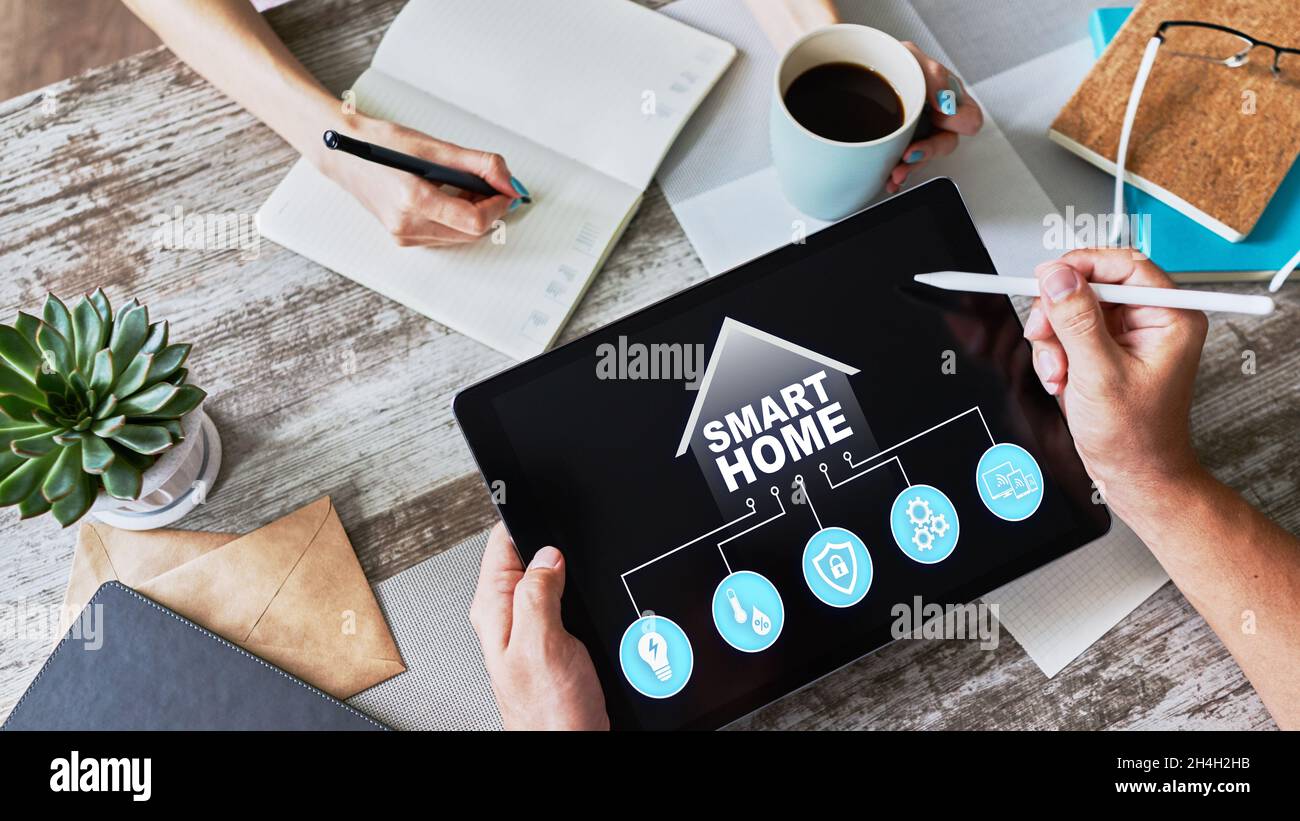 Smart home concept, control panel software on device screen. Stock Photo