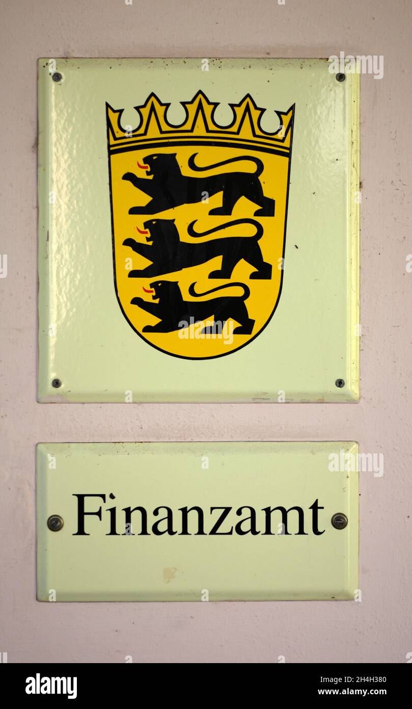 Sign Tax Office, Calw, Black Forest, Baden-Wuerttemberg, Germany Stock Photo