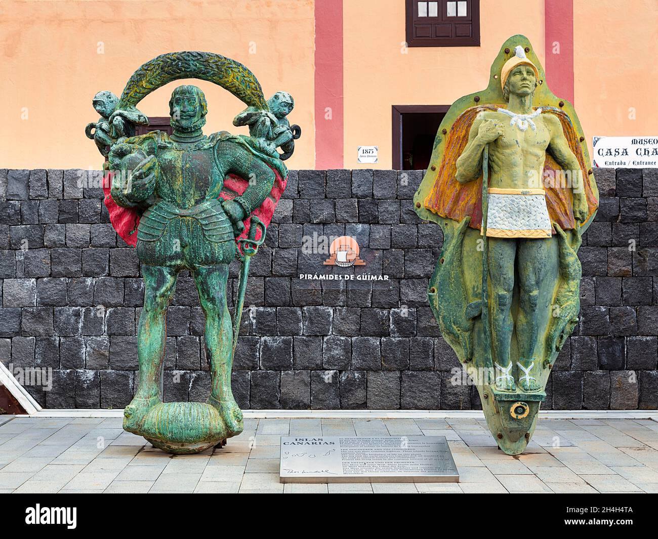 Two sculptures, Discoverer and Conqueror, Ethnographic Park, Piramides de Gueimar, Guimar, Santa Cruz de Tenerife, Tenerife, Spain Stock Photo