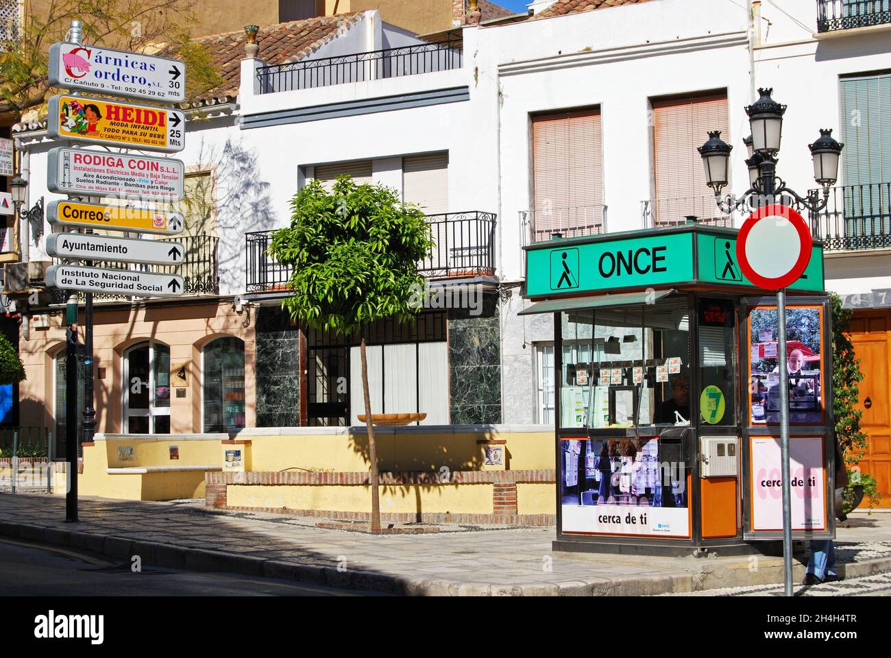 Lottery kiosk in the town centre, Coin, Spain. Stock Photo