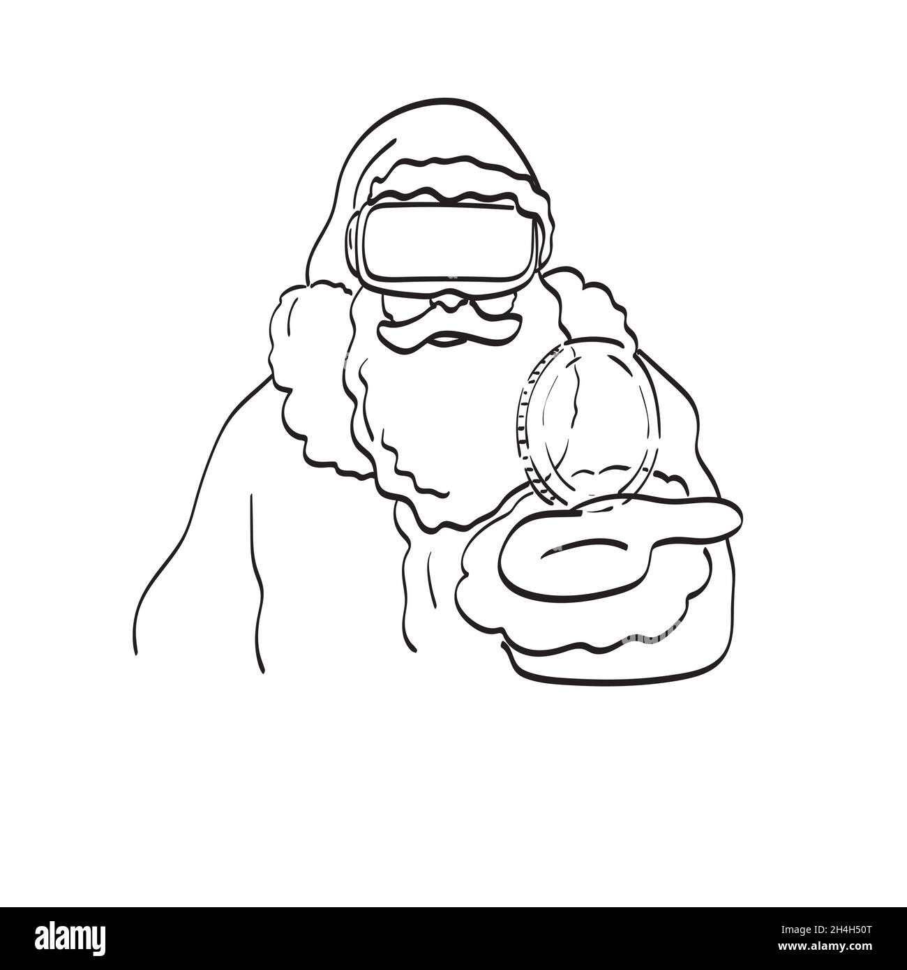 line art santa claus using vr glasses with visual coin on hand illustration vector isolated on white background Stock Vector