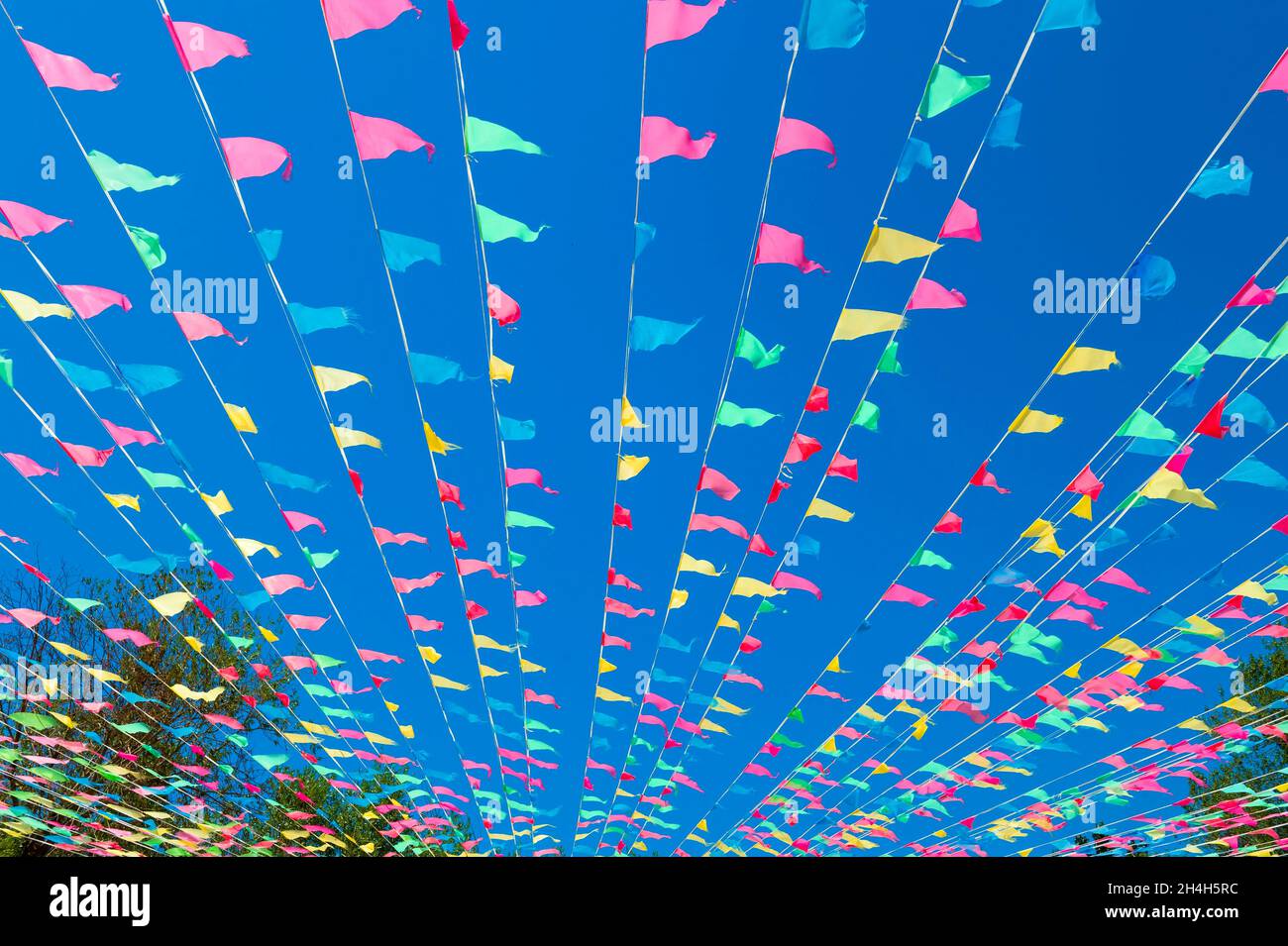 Colourful flags against the sky, Ruh Ordo cultural complex named after ...