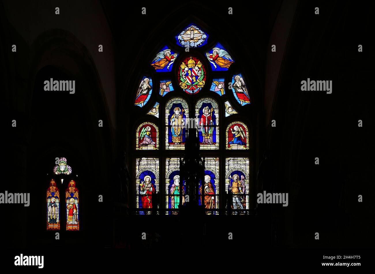 Passion Window, Church Eglise paroissiale Ste Anne St Laurent, Bourg, Tregastel, Cotes d'Armor, Brittany, France Stock Photo