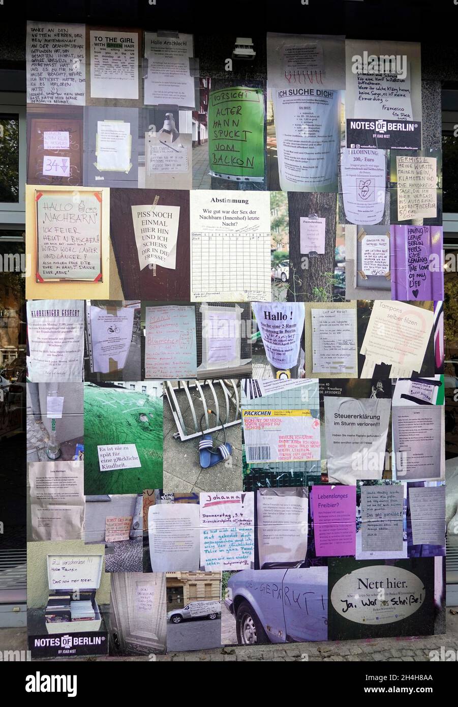 Many notes with funny sayings hanging on a wall, Nollendorfplatz, Berlin,  Germany Stock Photo - Alamy