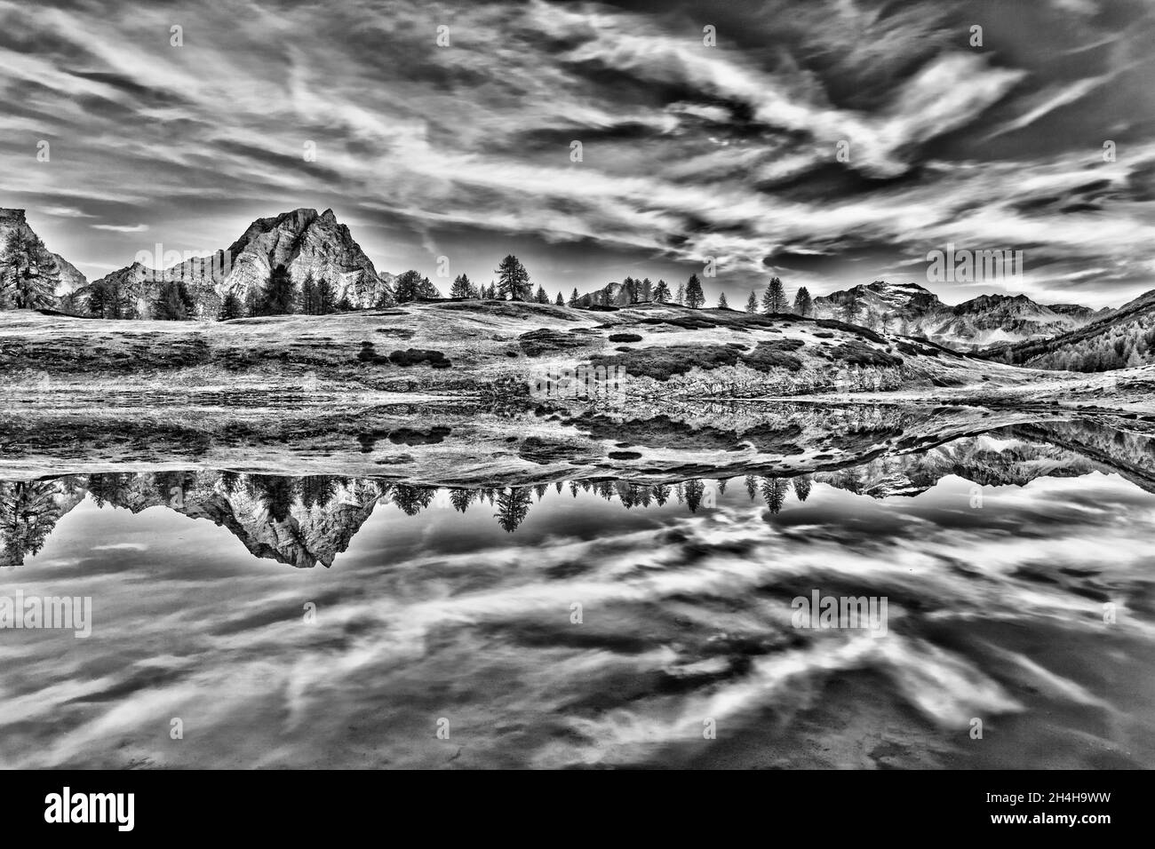 Fine art landscape in the Alps mountains, black and white photography ...