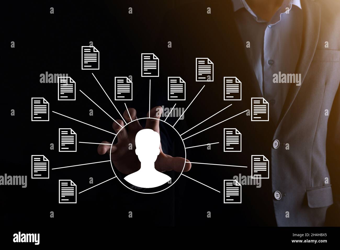 Document Management System DMS .Businessman hold user and document icon ...
