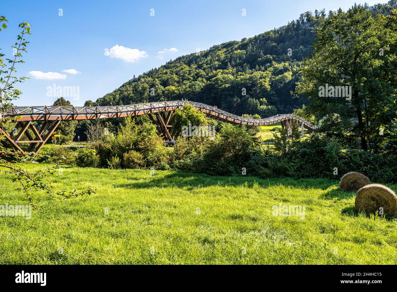 Wooden bridge Tatzelwurm in Essing at Altmuehl river below the ruins of Randeck Castle, Bavaria, Germany in Europe Stock Photo