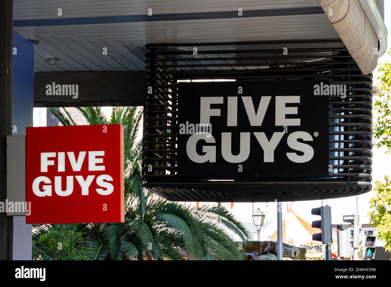 Madrid, Spain October 10, 2021 Five Guys America Restaurant Signage