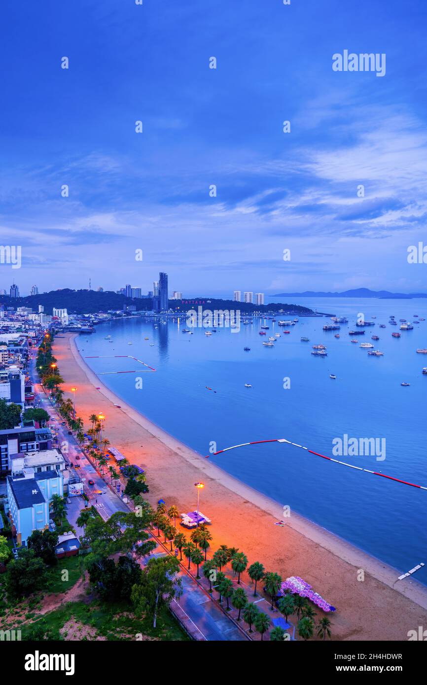 Pattaya, Chonburi Thailand – Nov 02 2021. Early Morning sunrise at Beach Road, Pattaya Beach on the 2nd day Thailand opens its borders to tourists. Stock Photo