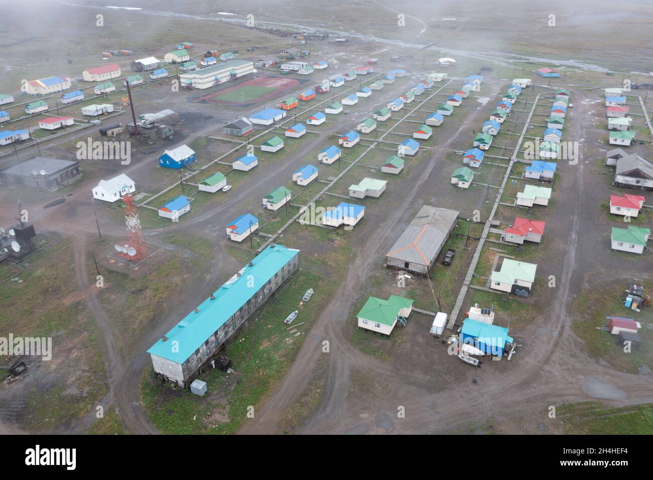 New Chaplino, Chukchi region, Russia - July 3, 2020: Sight at settlement from above. Stock Photo