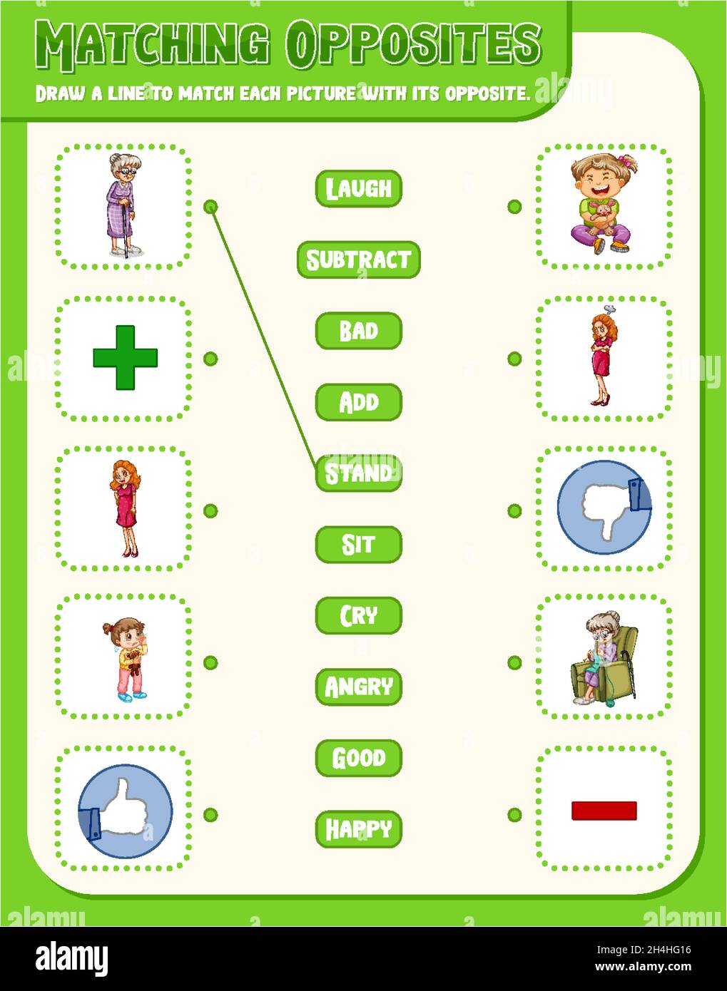 Matching words to pictures worksheet template illustration Stock Vector