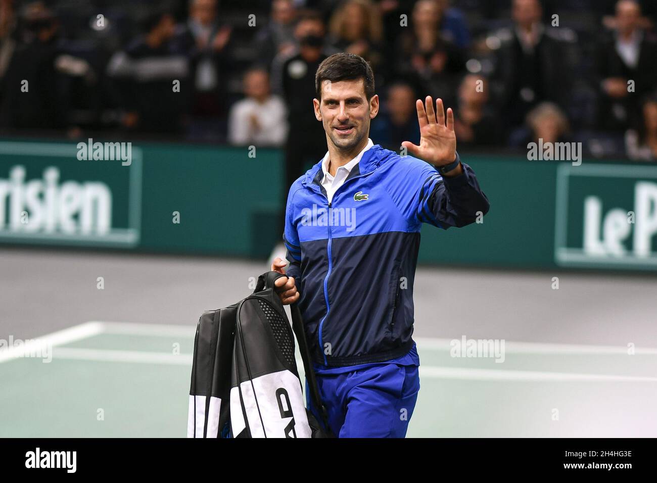 Paris, France, November 2, 2021, Novak Djokovic of Serbia salutes the  audience during the Rolex Paris Masters 2021, ATP Masters 1000 tennis  tournament, on November 2, 2021 at Accor Arena in Paris,