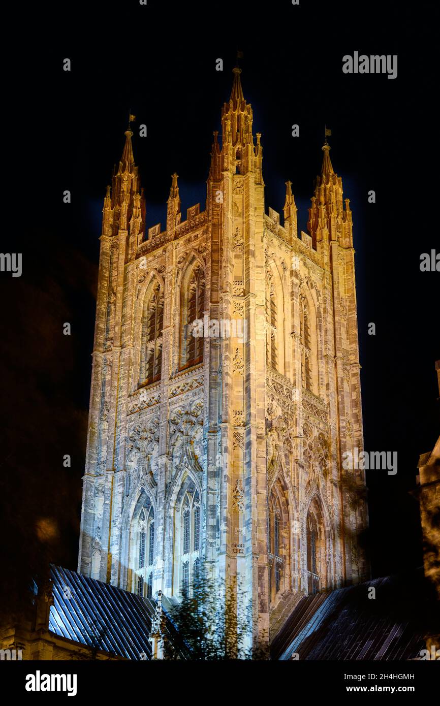 Nightime floodlit central tower of the cathedral at Canterbury, England. Stock Photo