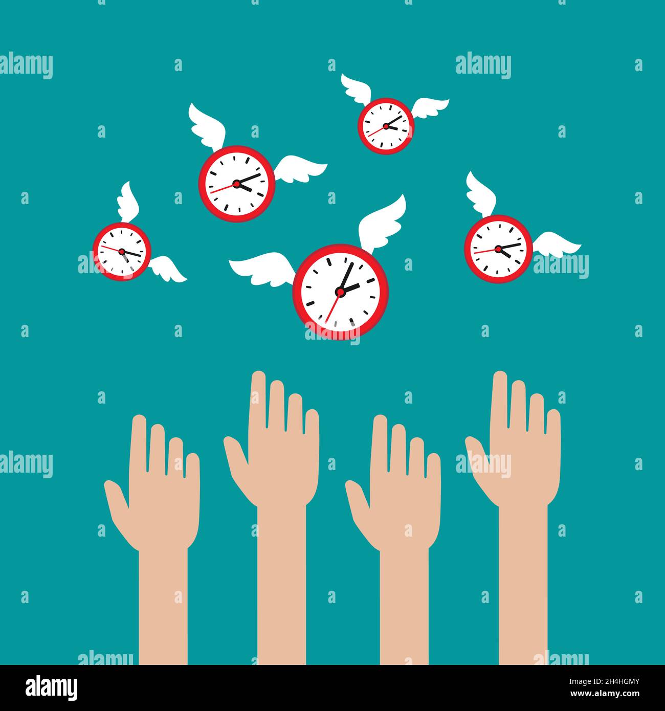 Hands catch flying clock with wings. Hunt, chase time. Achieve goals ...