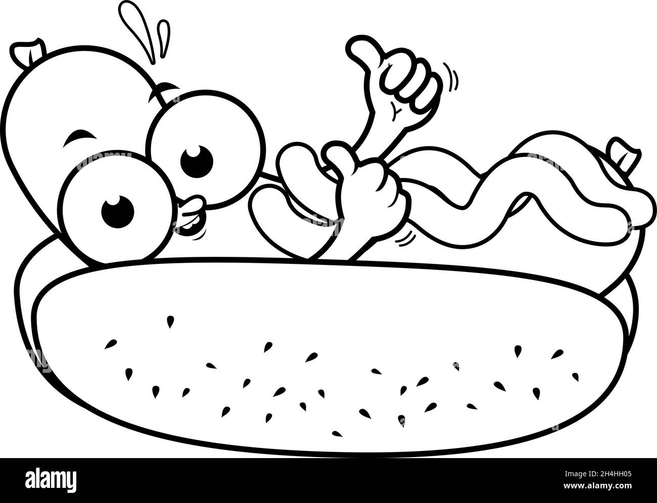 Cartoon hot dog. Vector black and white coloring page. Stock Vector