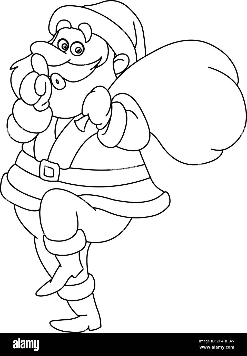 Outlined sneaky Santa Claus showing silence sign and tip toeing carrying gifts sack. Vector line art illustration coloring page. Stock Vector