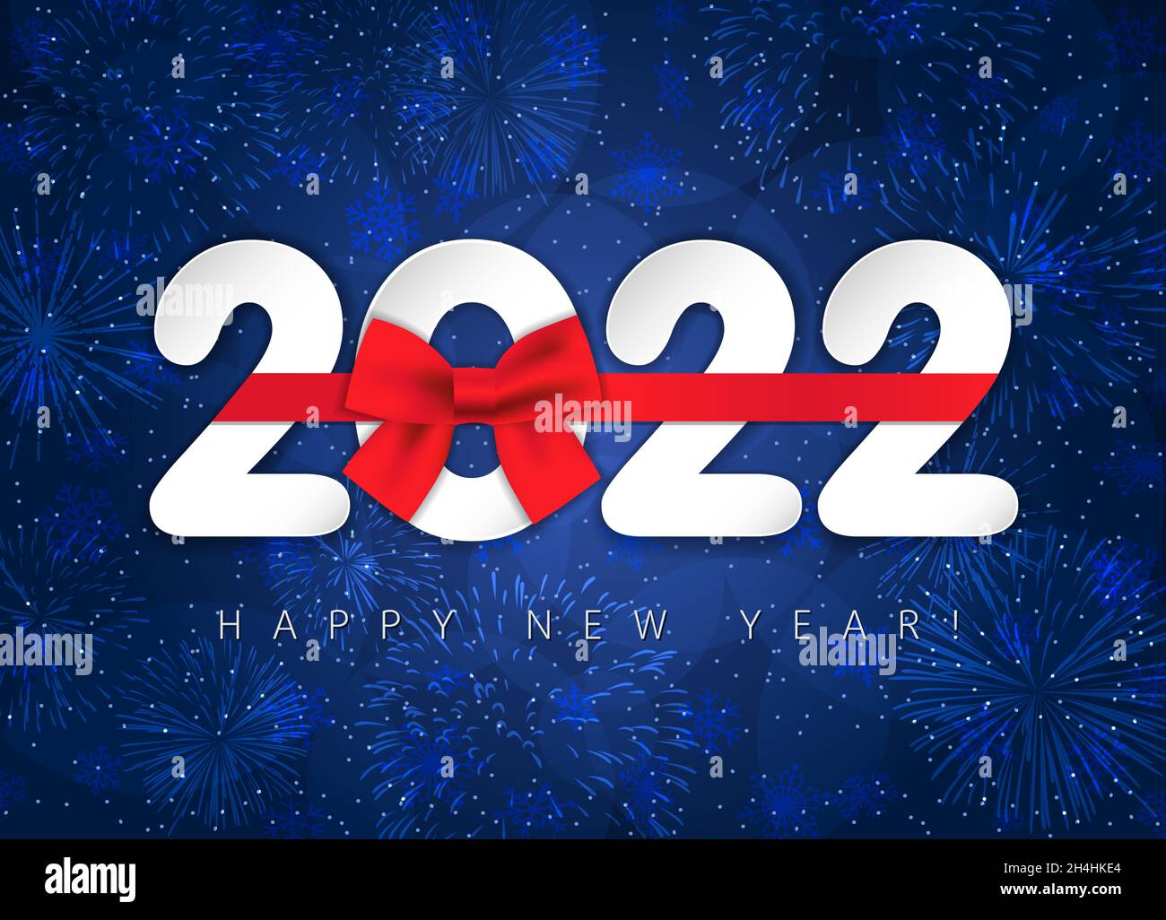 2022 Happy New Year greeting card with red bow. Logotype in 3D style ...