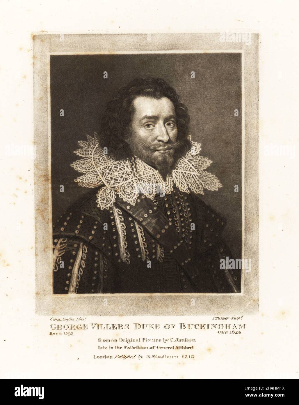George Villiers, 1st Duke of Buckingham, 1592-1628, English courtier, statesman, and patron of the arts, favourite possibly lover of King James I. Mezzotint engraving by Charles Turner after a portrait by Cornelius Janssen from Richard Earlom and Charles Turner's Portraits of Characters Illustrious in British History Engraved in Mezzotinto, published by S. Woodburn, London, 1810. Stock Photo