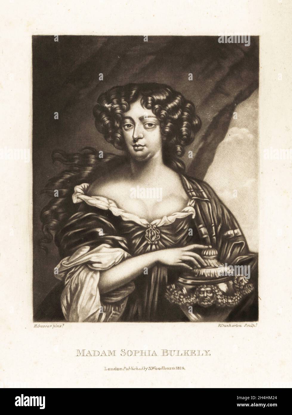 Sophia Bulkely (nee Stuart), c.1660-1718, Scottish Jacobite courtier. Wife of Henry Bulkeley, lady of the bedchamber to queen Mary of Modena. Madam Sophia Bulkely. Mezzotint engraving by Robert Dunkarton after a portrait by Henry Gascar from Richard Earlom and Charles Turner's Portraits of Characters Illustrious in British History Engraved in Mezzotinto, published by S. Woodburn, London, 1814. Stock Photo