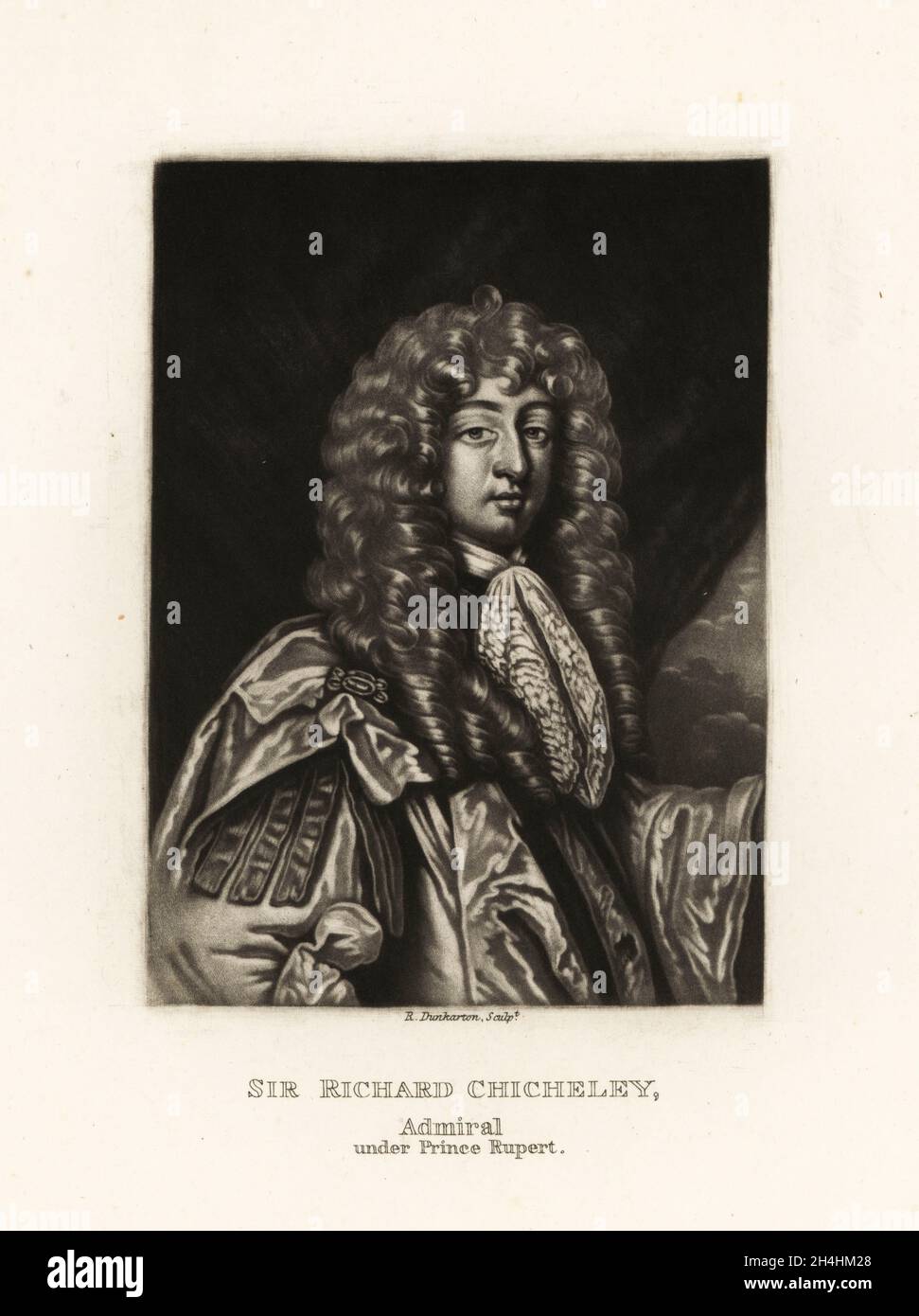 Rear Admiral Sir John Chicheley, c. 1640-1691, Royal Naval officer who commanded a squadron at the battles of Schooneveld and Texel during the Franco-Dutch War. Mislabeled Sir Richard Chicheley. Mezzotint engraving by Robert Dunkarton after a portrait by Sir Peter Lely from Richard Earlom and Charles Turner's Portraits of Characters Illustrious in British History Engraved in Mezzotinto, published by S. Woodburn, London, 1814. Stock Photo