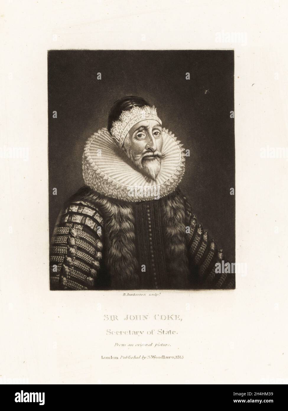 Sir John Coke, 1563-1644, English politician, MP, and Secretary of State to King Charles I. In lace ruff and cap. Mezzotint engraving by Robert Dunkarton after an original portrait from Richard Earlom and Charles Turner's Portraits of Characters Illustrious in British History Engraved in Mezzotinto, published by S. Woodburn, London, 1813. Stock Photo