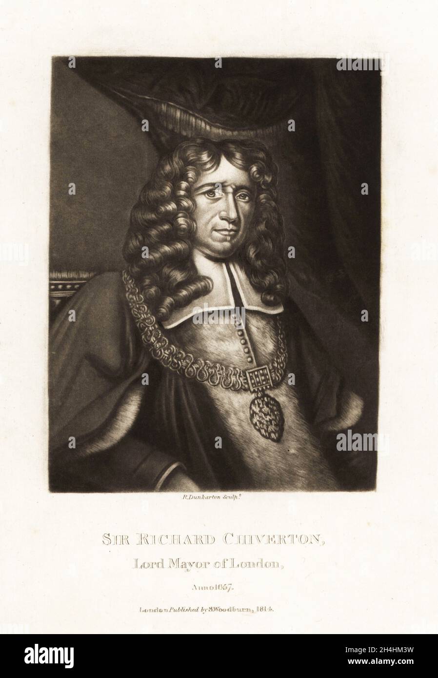 Sir Richard Chiverton, Lord Mayor of London, 1657-58, in ceremonial robes and chain. Member of the Worshipful Company of Skinners, kinghted by Oliver Cromwell and again by King Charles II at the Restoration. Mezzotint engraving by Robert Dunkarton after a portrait by Sir Anthony van Dyck from Richard Earlom and Charles Turner's Portraits of Characters Illustrious in British History Engraved in Mezzotinto, published by S. Woodburn, London, 1814. Stock Photo