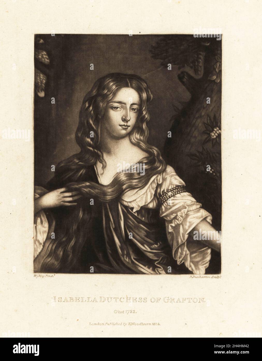 Isabella Fitzroy, Duchess of Grafton, one of the Hampton Court Beauties, c.1668-1723. Wife of Henry Fitzroy, Duke of Grafton, illegitimate son of King Charles II and Barbara Villiers. Mezzotint engraving by Robert Dunkarton after a portrait by Willem Wissing from Richard Earlom and Charles Turner's Portraits of Characters Illustrious in British History Engraved in Mezzotinto, published by S. Woodburn, London, 1814. Stock Photo