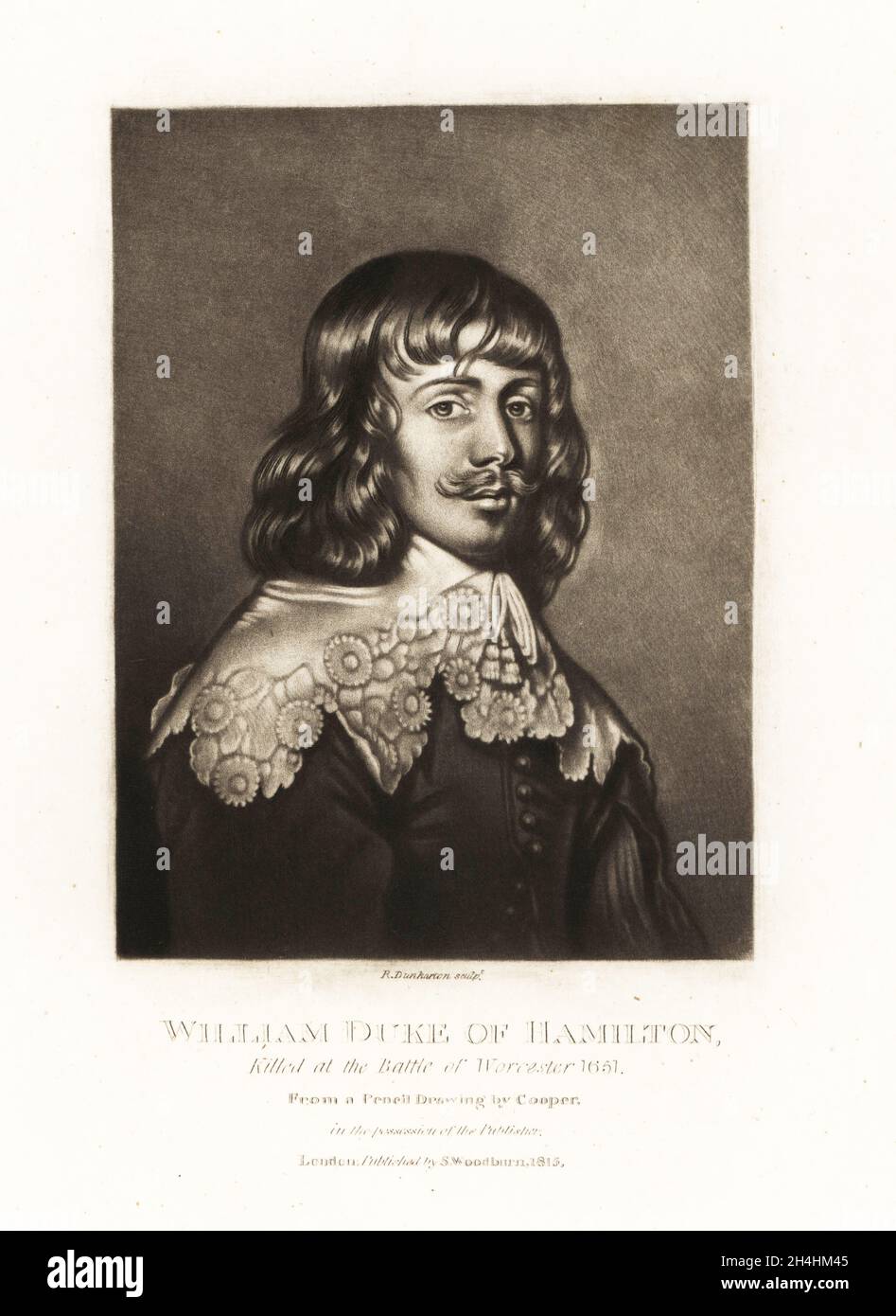 William Hamilton, 2nd Duke of Hamilton, 1616-1651, Scottish nobleman who supported both Royalist and Presbyterian causes. Killed at the Battle of Worcester, 1651. Mezzotint engraving by Robert Dunkarton after a pencil drawing by Samuel Cooper from Richard Earlom and Charles Turner's Portraits of Characters Illustrious in British History Engraved in Mezzotinto, published by S. Woodburn, London, 1815. Stock Photo