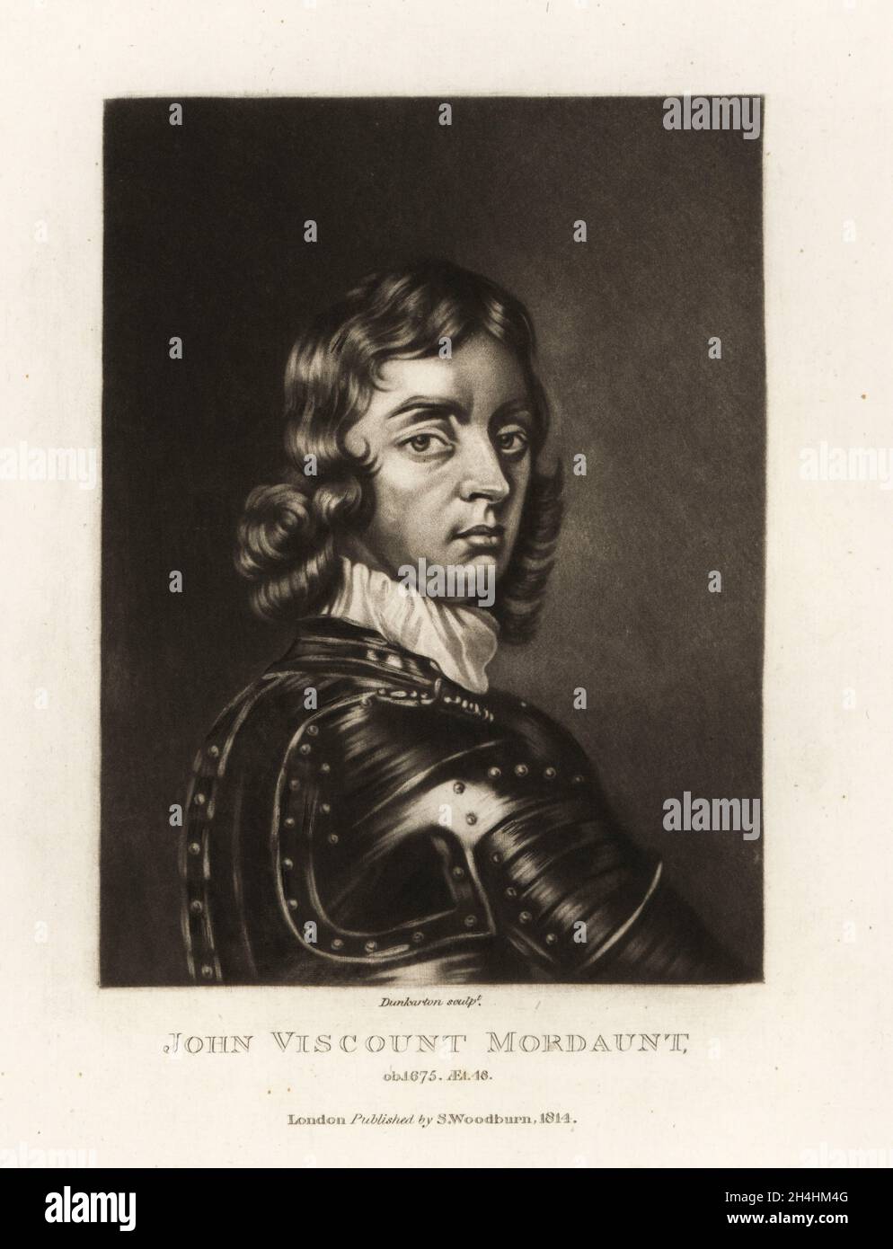 John Mordaunt, 1st Viscount Mordaunt, 1626-1675. English royalist conspirator for the Restoration of King Charles II. In parade armour and collar. Mezzotint engraving by Robert Dunkarton after Adriaen Hanneman from Richard Earlom and Charles Turner's Portraits of Characters Illustrious in British History Engraved in Mezzotinto, published by S. Woodburn, London, 1814. Stock Photo