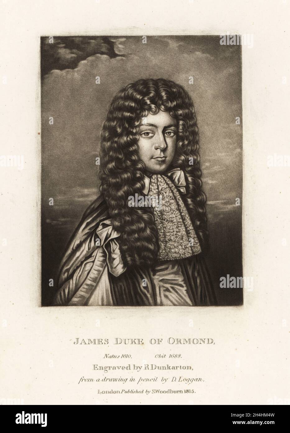 Lieutenant-General James FitzThomas Butler, 1st Duke of Ormonde, 1610–1688. Irish statesman and Royalist soldier, known as Earl of Ormond and Marquess of Ormond. Mezzotint engraving by Robert Dunkarton after a pencil drawing by David Loggan from Richard Earlom and Charles Turner's Portraits of Characters Illustrious in British History Engraved in Mezzotinto, published by S. Woodburn, London, 1815. Stock Photo